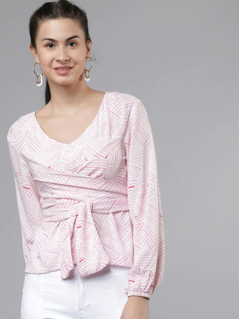 Women Pink Striped Wrap Top