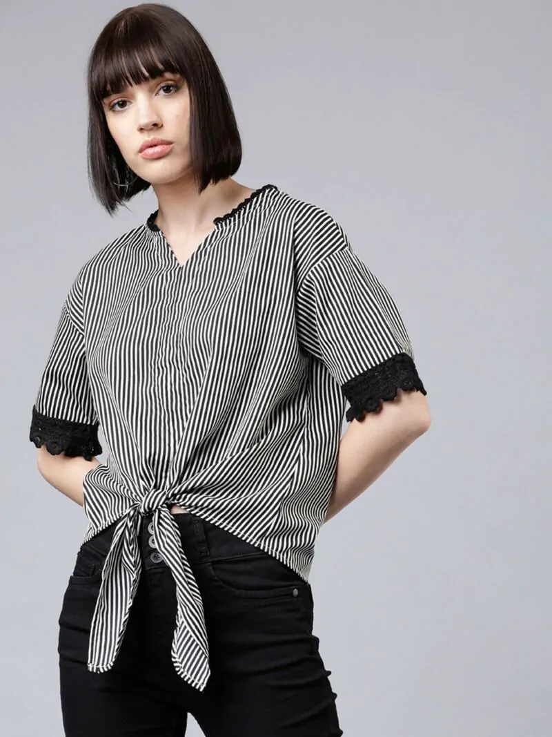 Women Black & White Striped Top