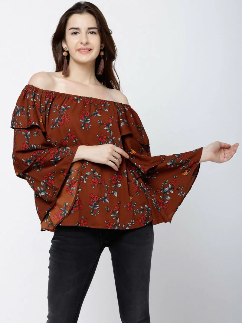 Women Brown Floral Print Bardot Top