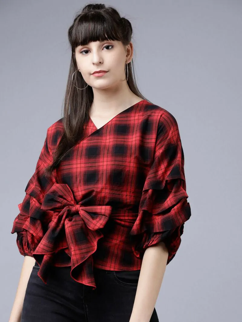 Women Red Checked Wrap Top