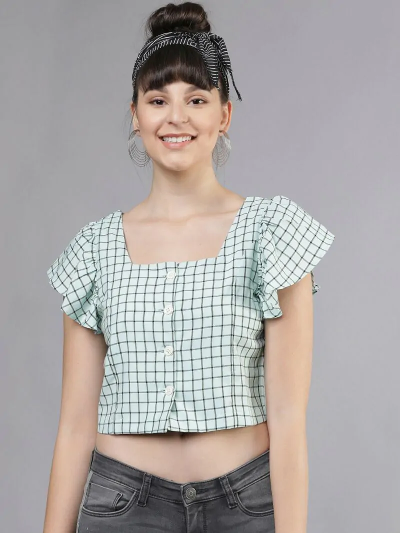 Women Green & Black Checked Crop Top