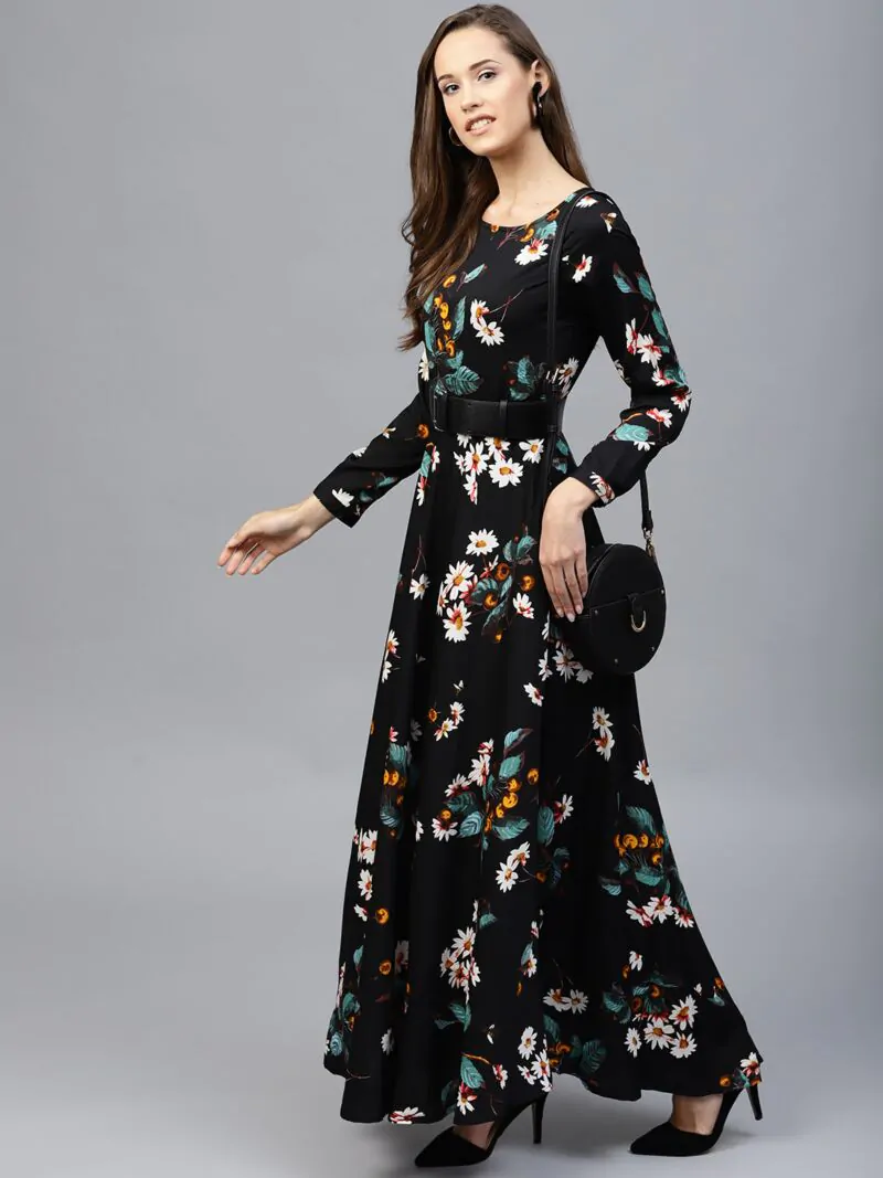 Black Floral Print Flared Maxi Dress with a Belt