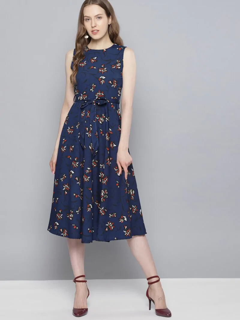 Women Navy Blue Printed Fit and Flare Dress