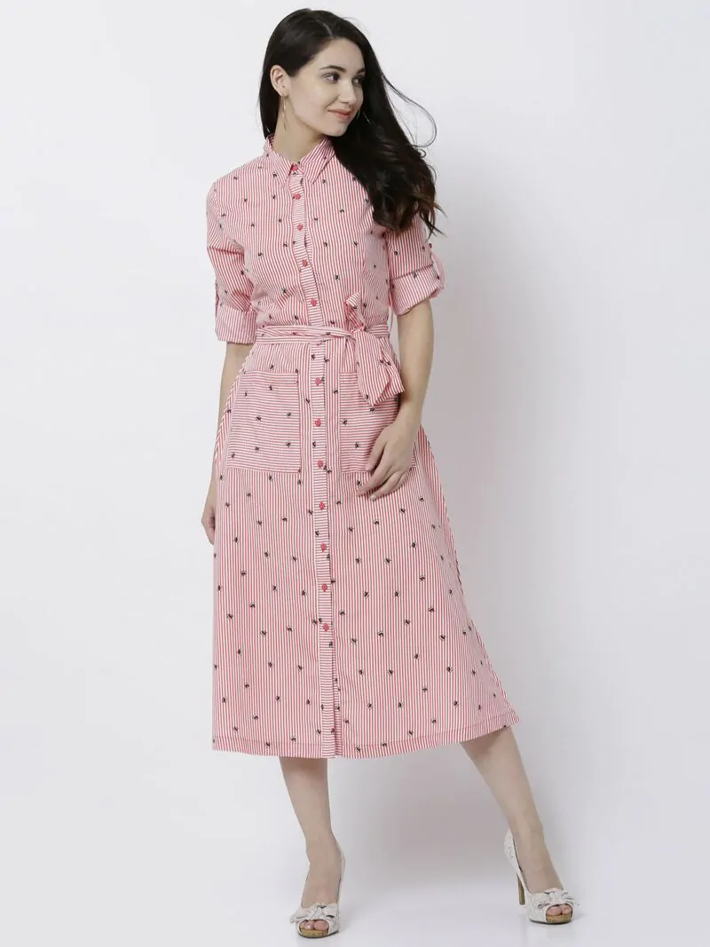 Women Coral Striped Shirt Dress