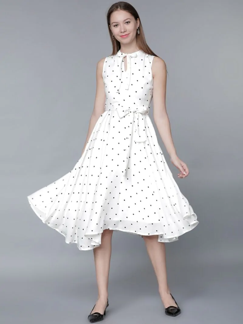 Women White Polka Dot Print Fit and Flare Dress