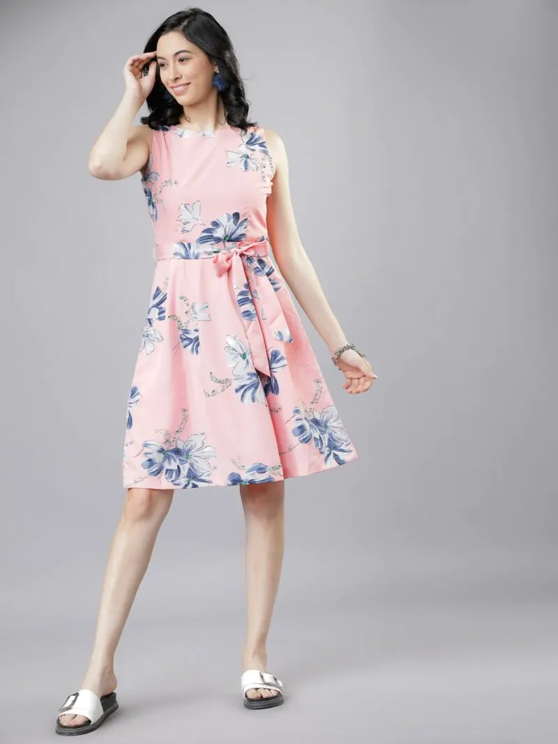 Women Pink & Blue Floral Print Fit and Flare Dress