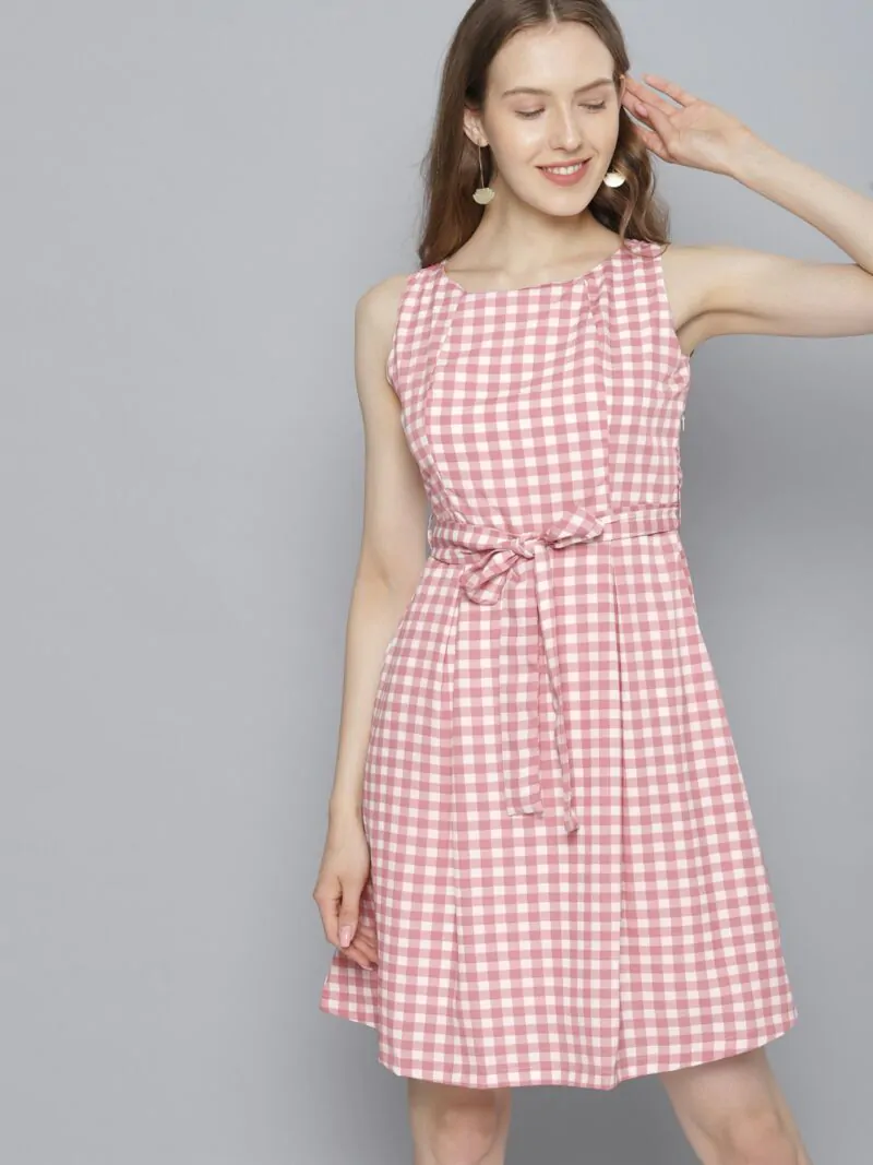 Women White & Pink Checked Fit and Flare Dress