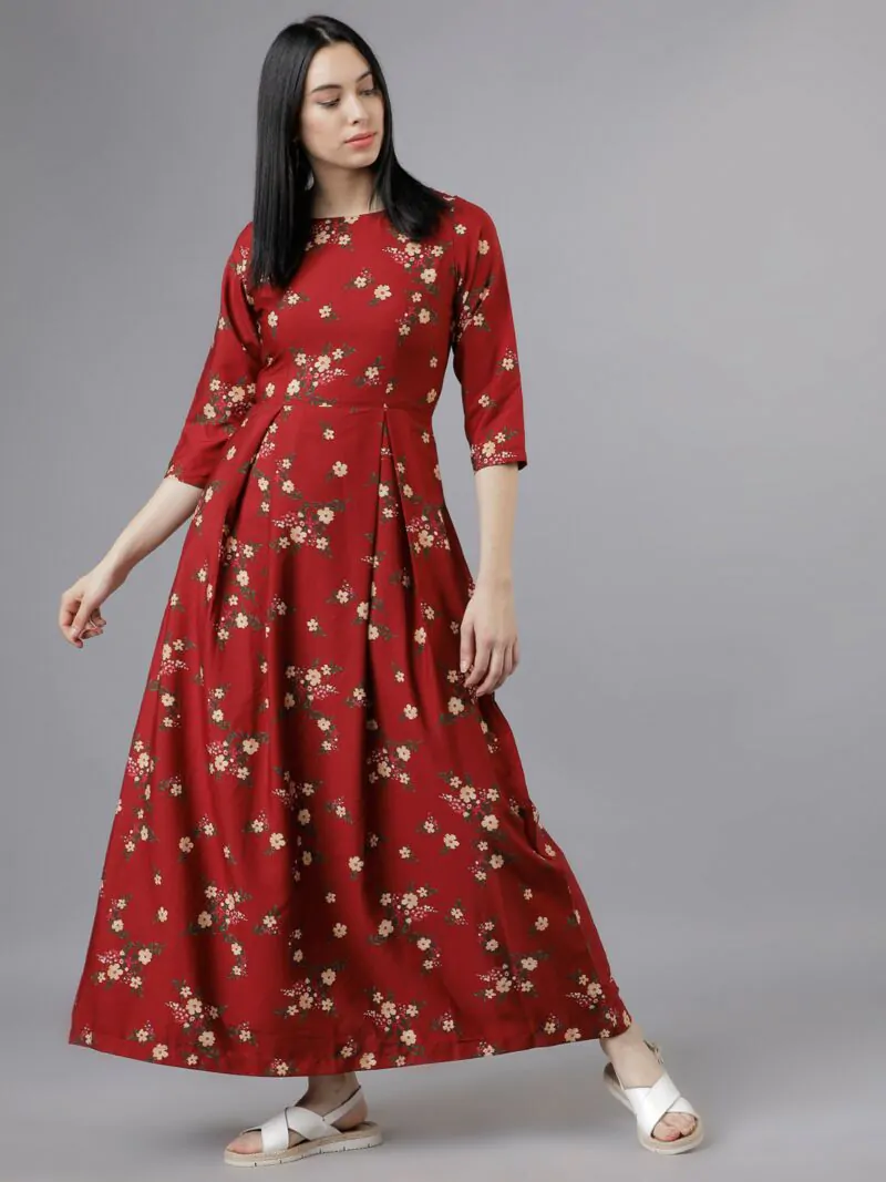 Women Rust Floral Print Maxi Dress