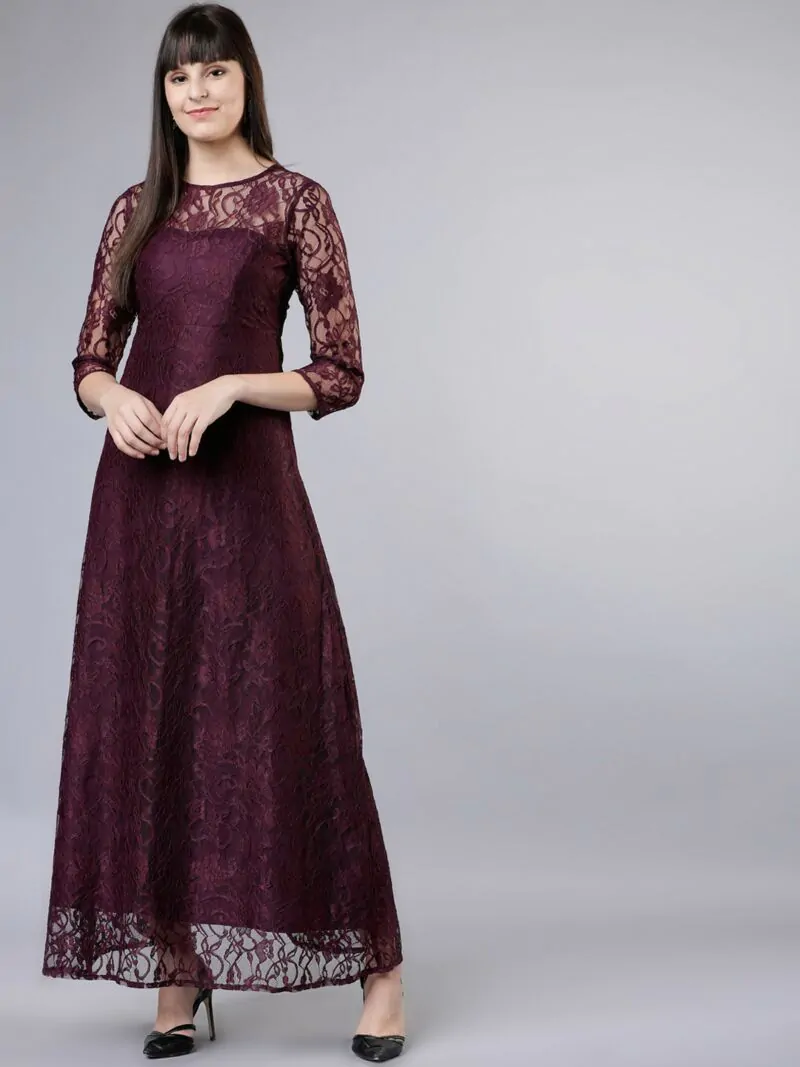 Women Maroon Self Design Maxi Dress