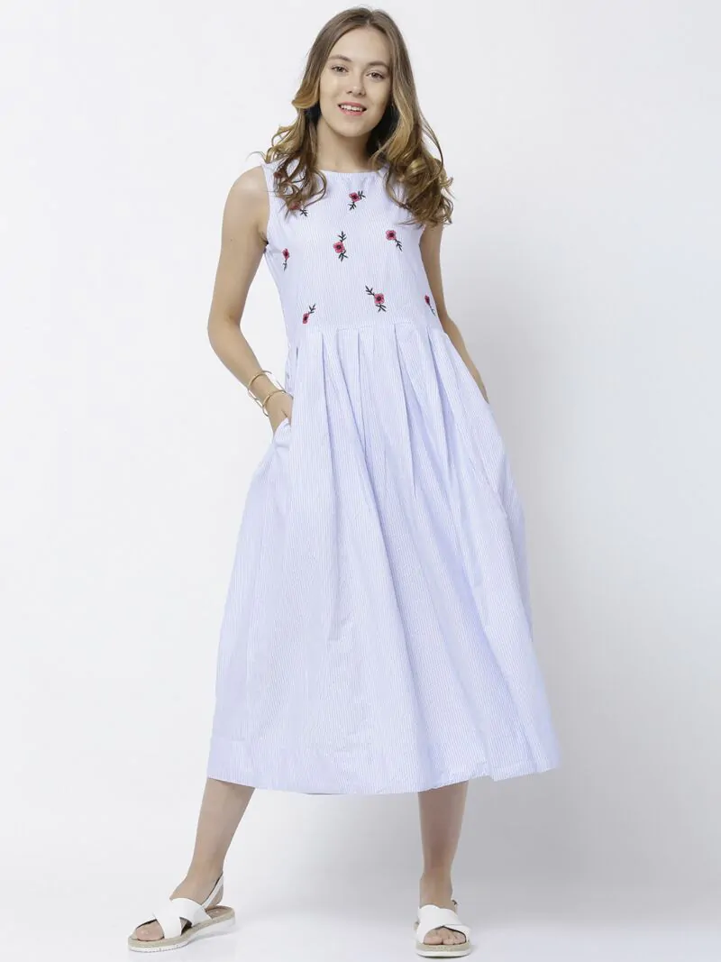 Women Blue & White Solid Midi Dress