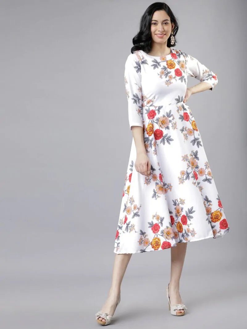 Women Off-White & Pink Floral Print Fit and Flare Dress