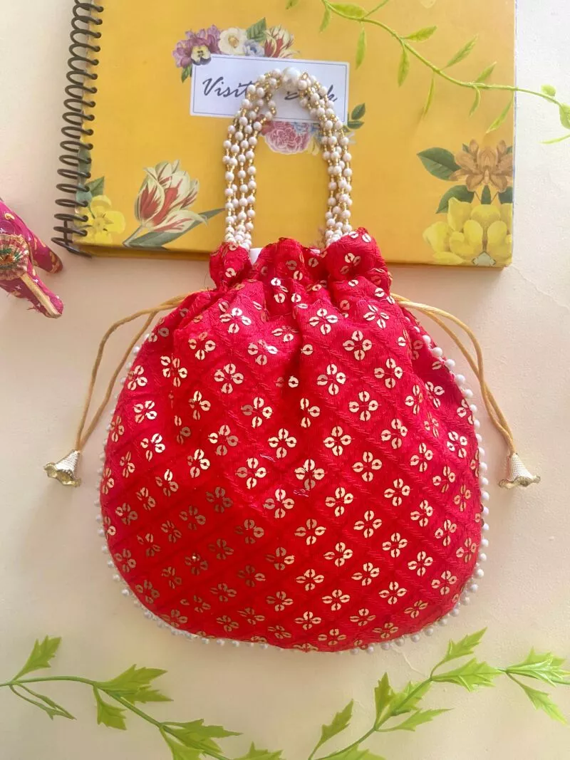 Women Red Chikan Embroidered Sequence Potli Bag