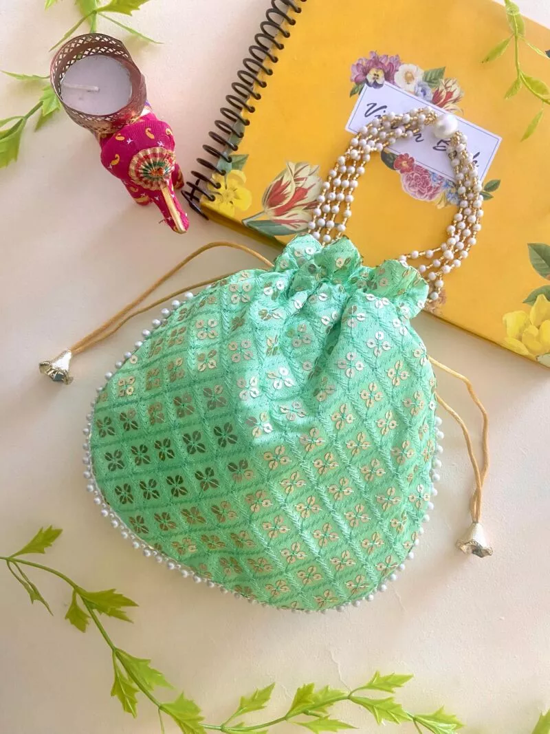 Women Green Chikan Embroidered Sequence Potli Bag
