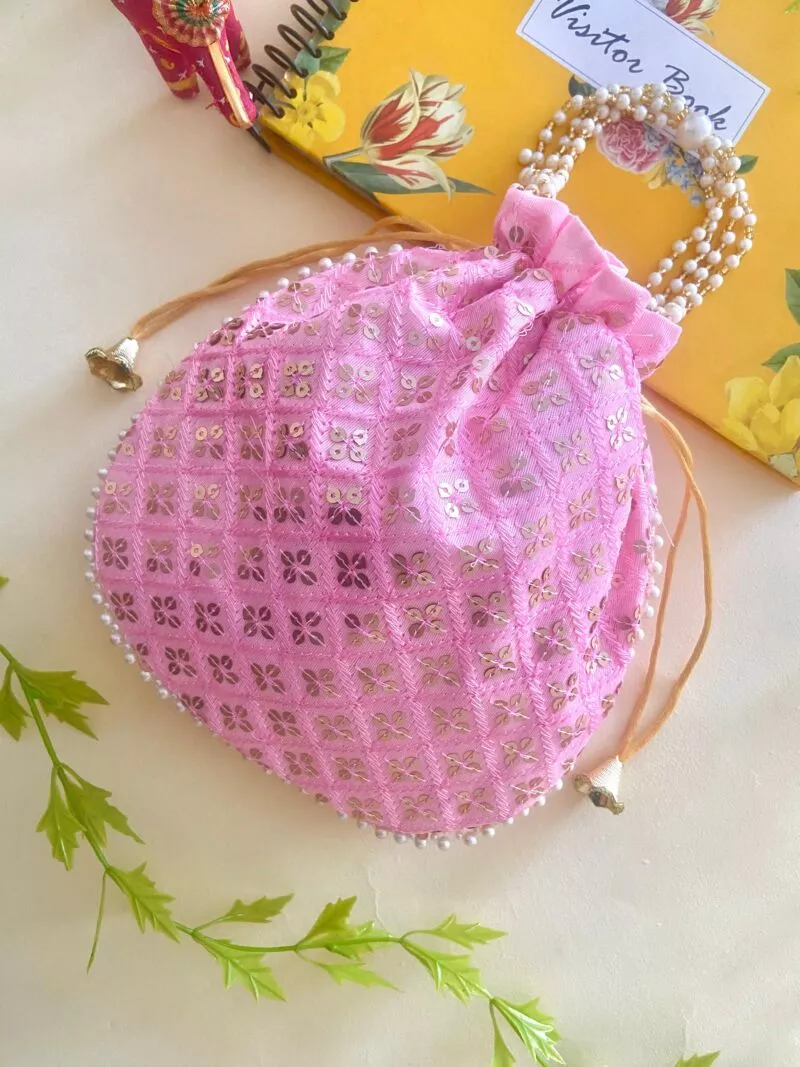 Women Baby Pink Chikan Embroidered Sequence Potli Bag