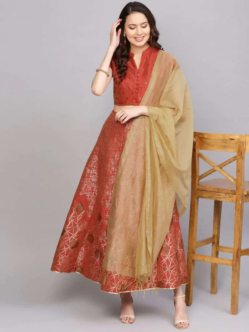 Rust Gold Printed Lehenga With Blouse & Dupatta