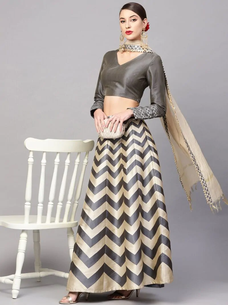 Biege Grey Self Designed Lehenga Choli With Dupatta