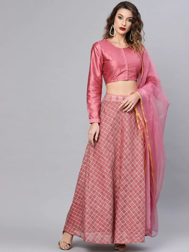 Pink Checked Lehenga With Choli & Dupatta