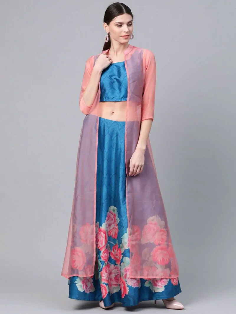 Blue & Pink Floral Print Ready To Wear Lehenga Choli With Ethnic Laye