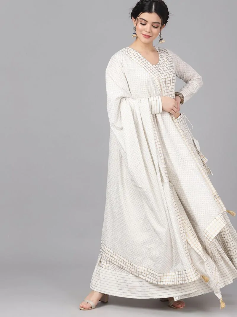 Cream & Gold Printed Lehenga With Choli & Dupatta
