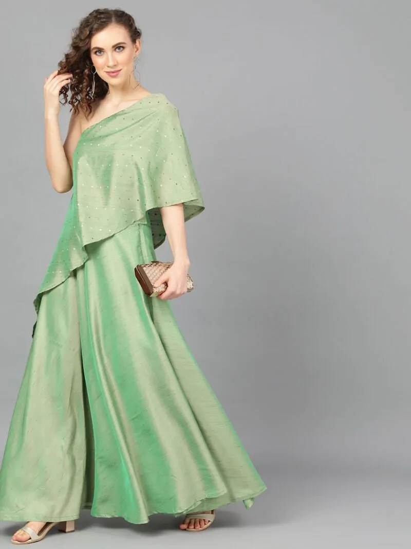 Green Dobby Design Lehenga With Cape Blouse