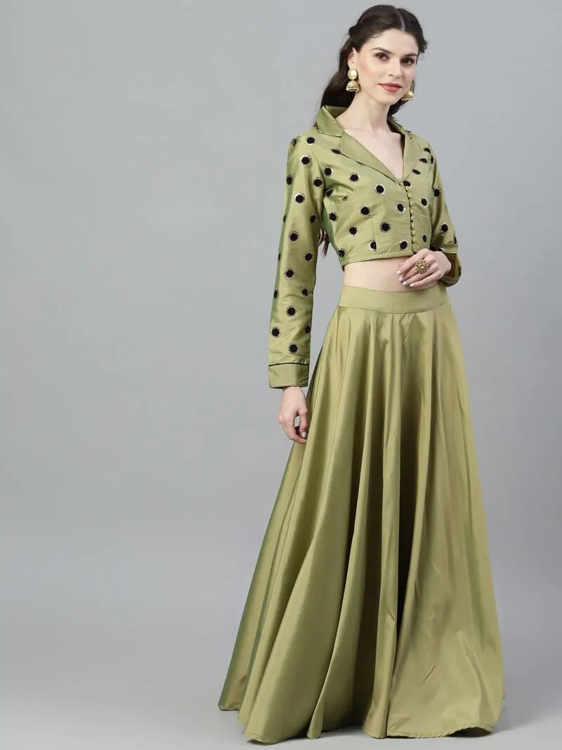 Green Flock Printed Lehenga Choli Set