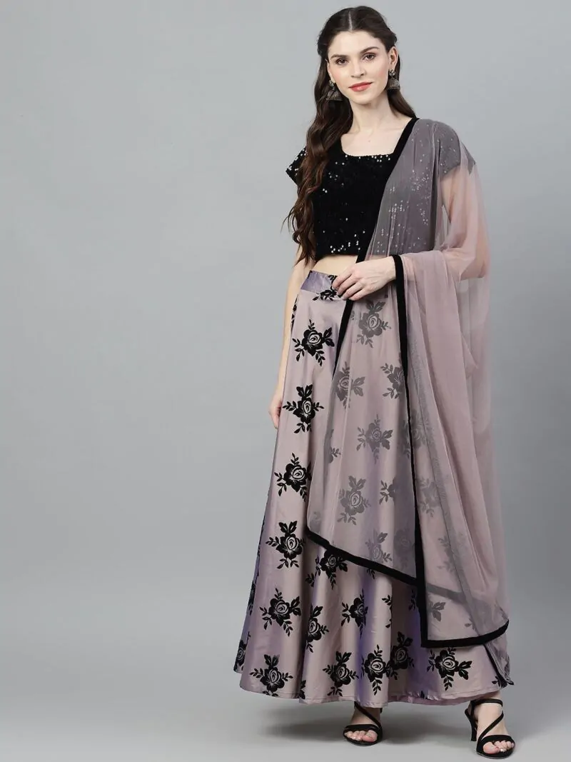 Purple & Black Flock Printed Lehenga Choli With Net Dupatta
