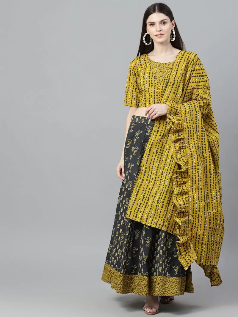 Mustard & Grey Printed Lehenga Choli Set