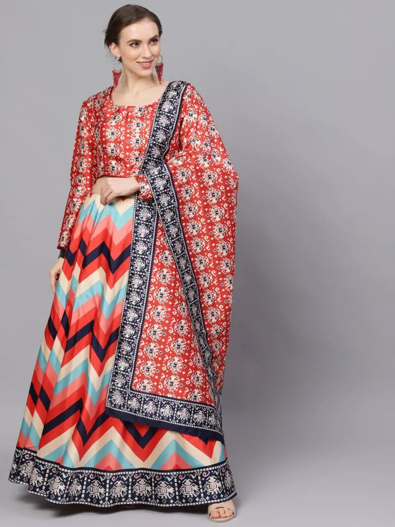 Red & Blue Digital Print Lehenga Choli With Dupatta