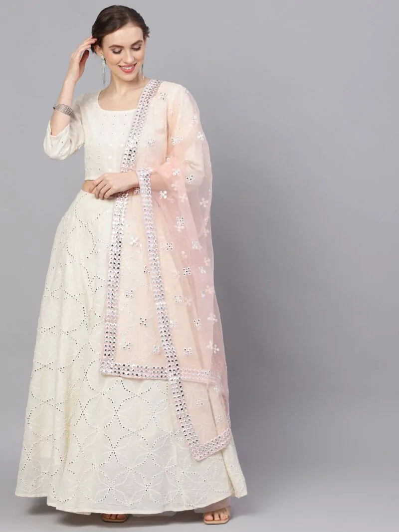 White Mirror Work Lehenga Choli With Net Dupatta