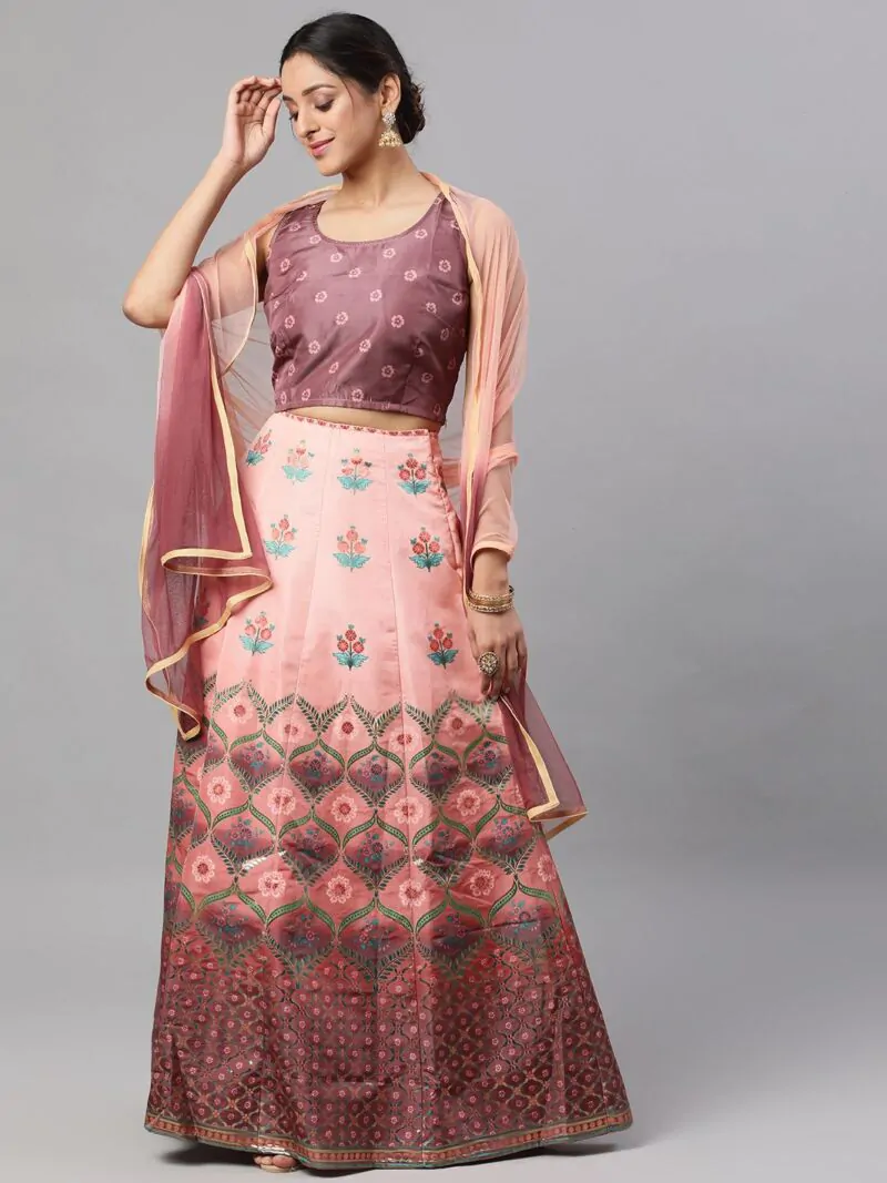 Coffee Brown & Peach Digital Print Zari Work Lehenga Choli With Net Dupatta