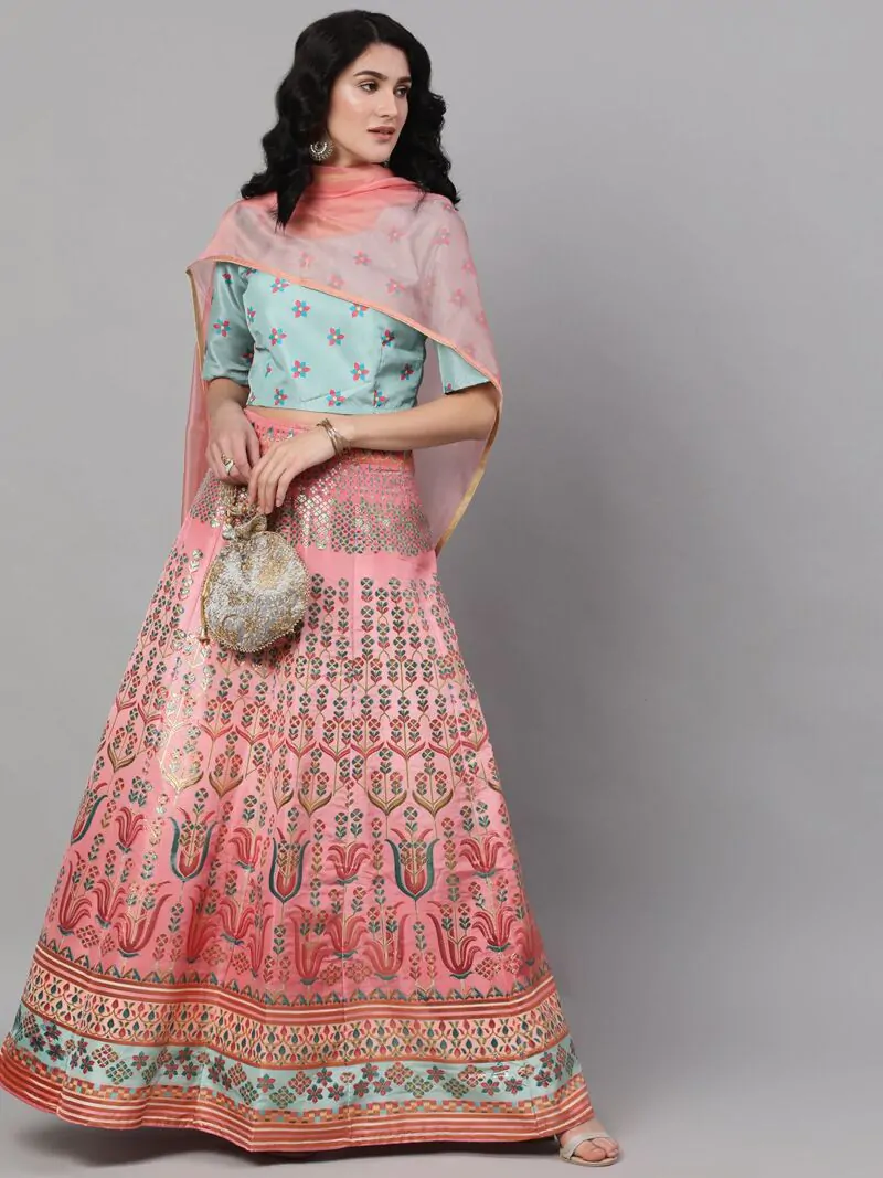 Peach Digital Print Zari Work Lehenga Choli With Organza Dupatta
