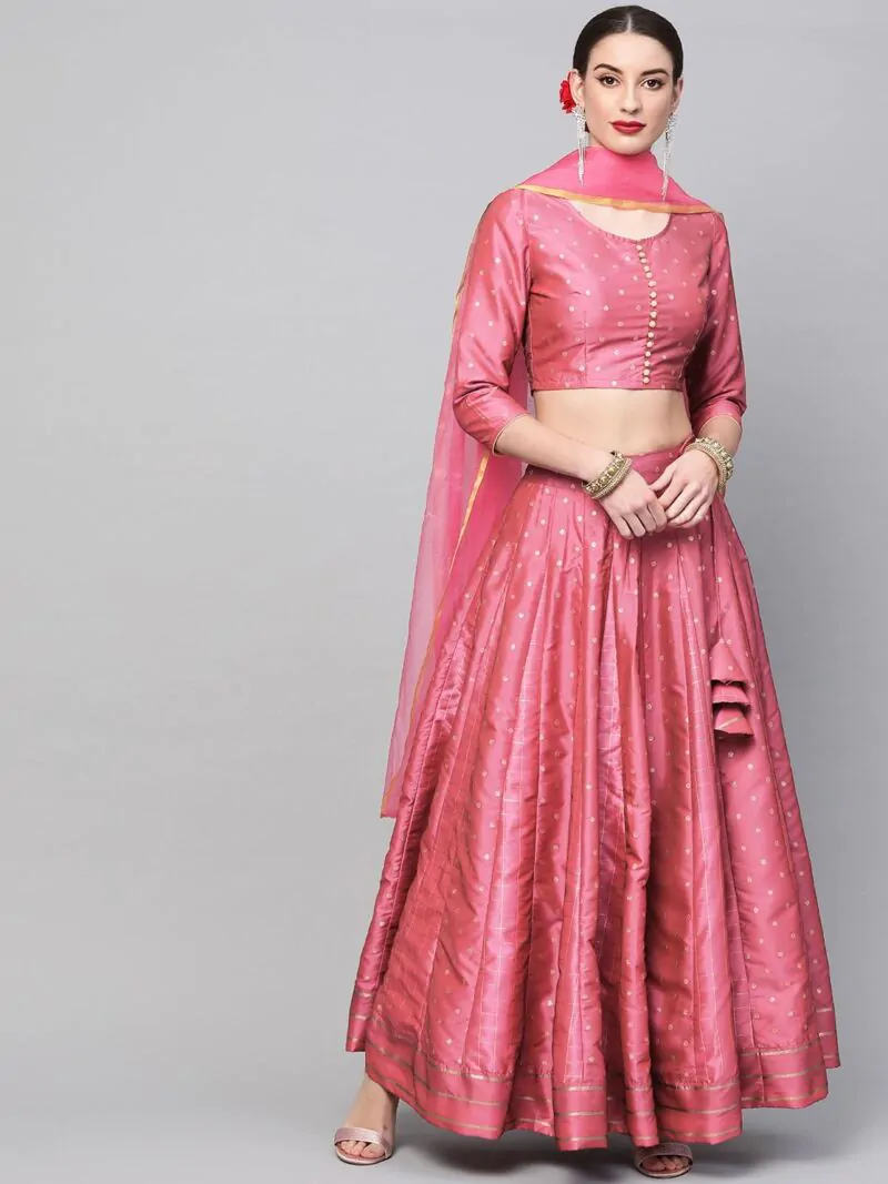 Pink Self Designed Kali Lehenga With Choli And Dupatta