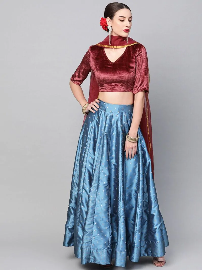 Blue Self Designed Kali Lehenga With Velvet Blouse And Dupatta