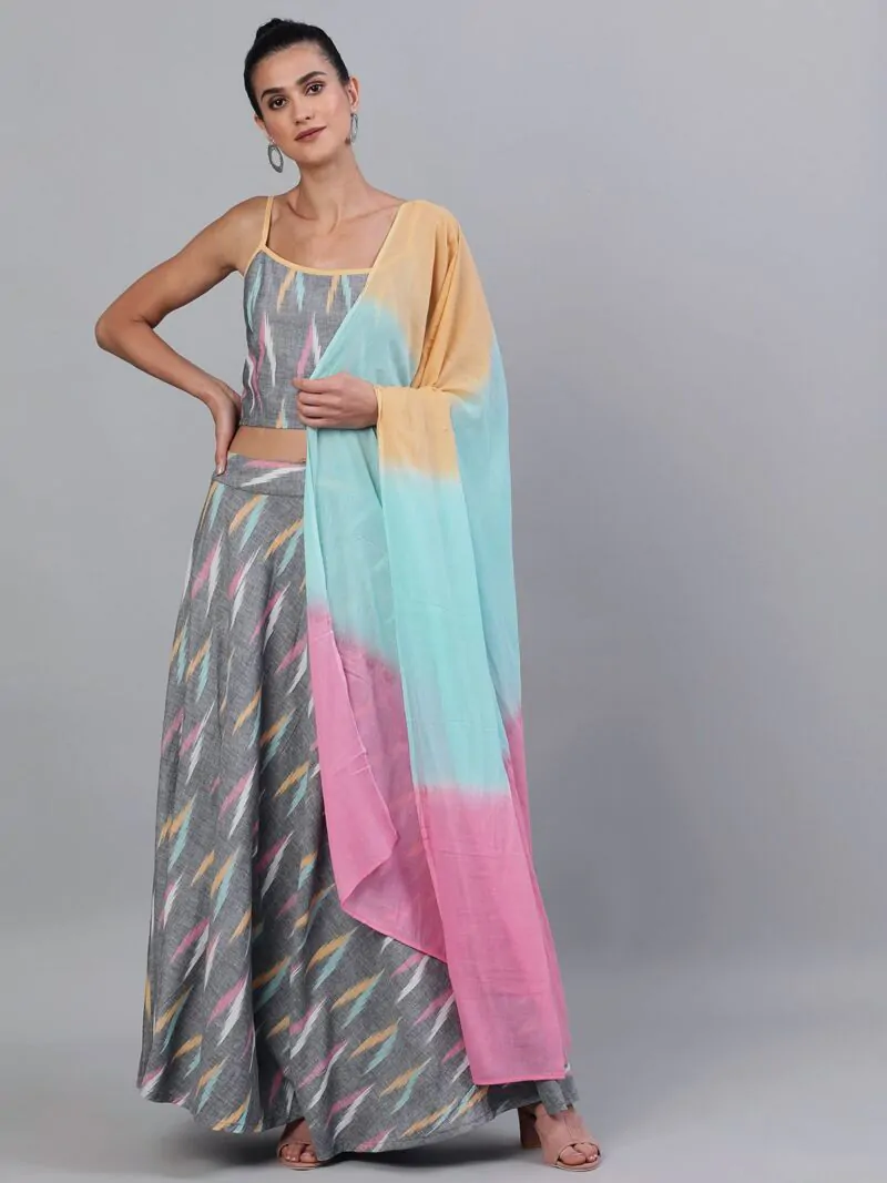 Grey Ikat Handloom Woven Design Lehenga Choli With Tie & Dye Dupatta