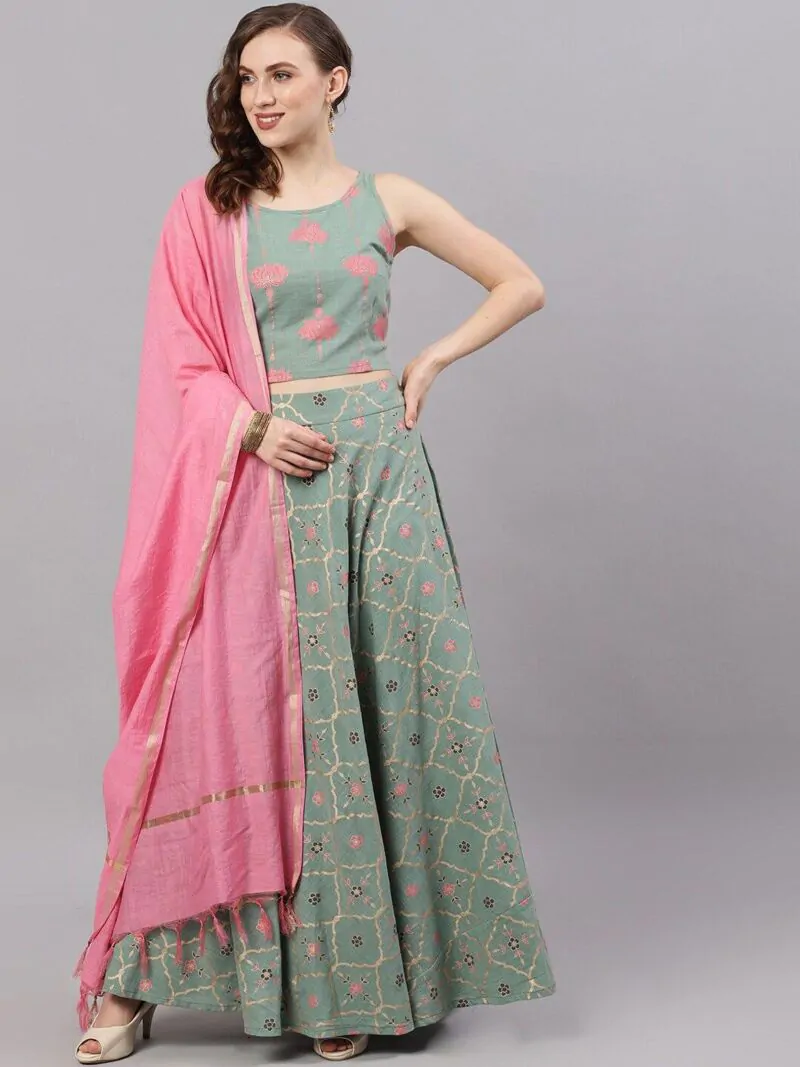 Green & Pink Gold Printed Lehenga Choli With Solid Dupatta