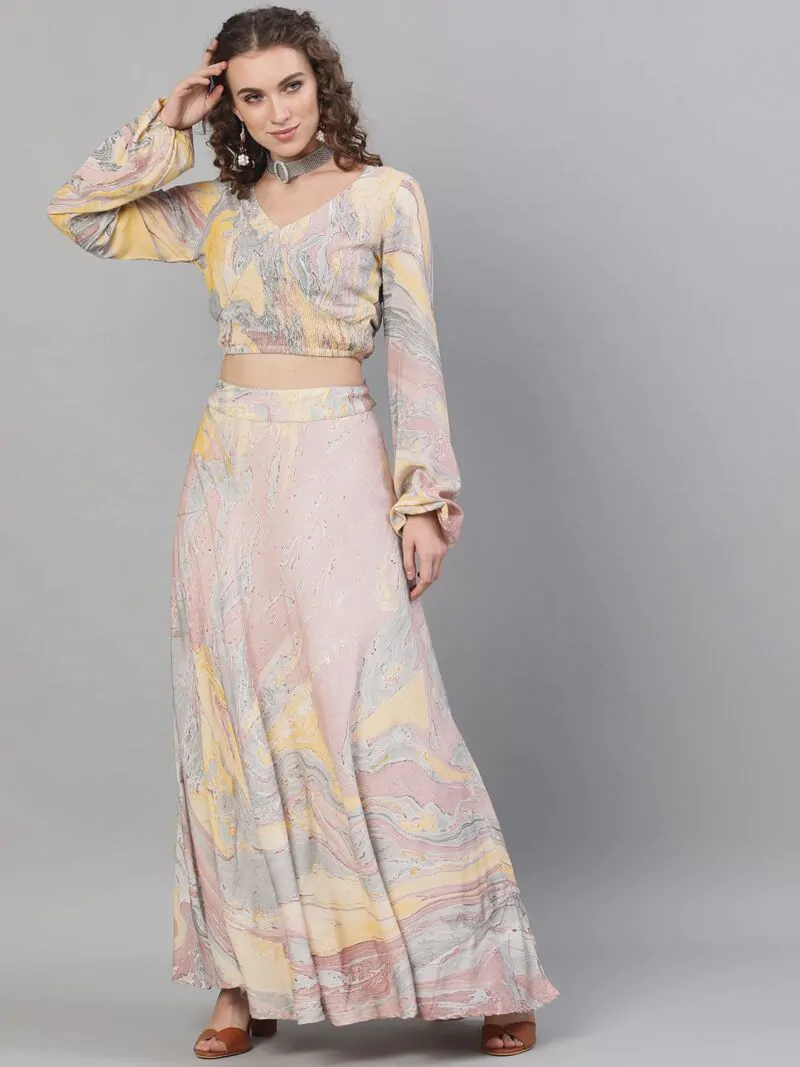 Peach & Grey Marble Printed Lehenga Choli Set