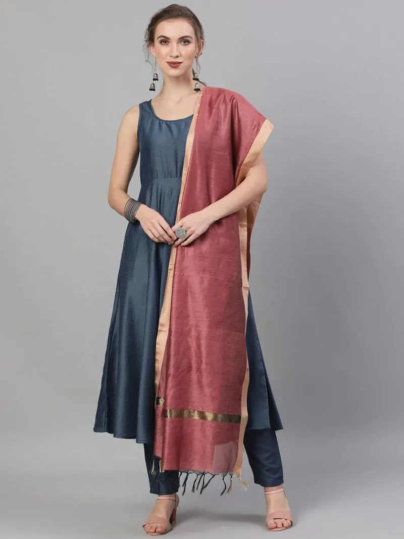 Blue Dobby Design Kurta Set With Gold Zari Dupatta