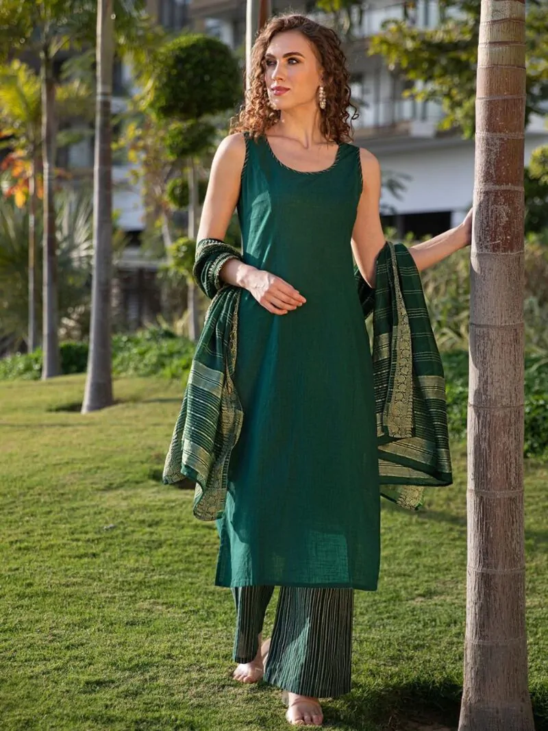 Green Solid Straight Kurta With Striped Palazzo & Dupatta Set