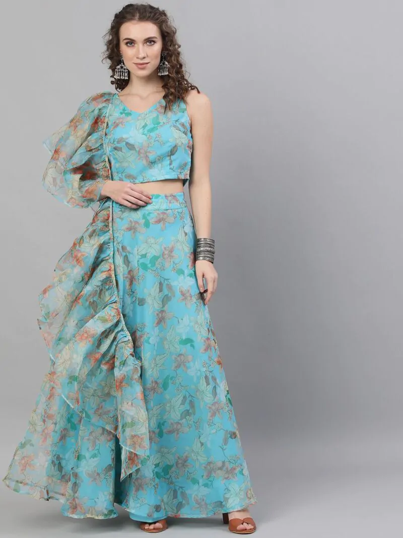 Turquoise Blue Organza Floral Printed Lehenga Choli With Dupatta