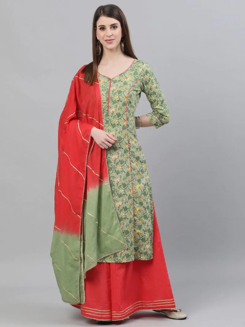 Green & Red Floral Printed With Gotta Patti Work Kurta Set