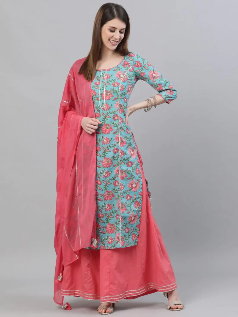 Blue & Pink Floral Printed With Gotta Patti Kurta Set