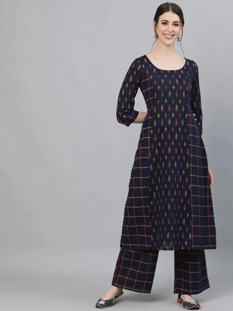 Blue Checks Printed Kurta With Palazzo Set