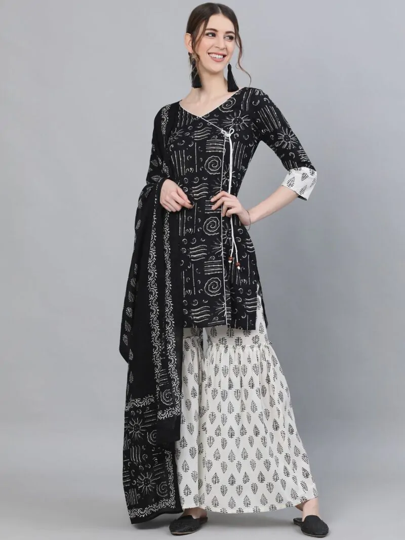 Black & White Printed Kurta With Sharara & Dupatta Set