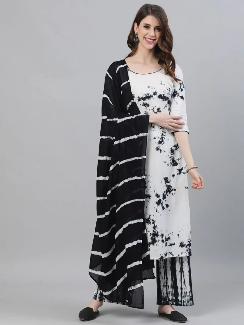 White & Black Tie & Dye Printed Kurta Set