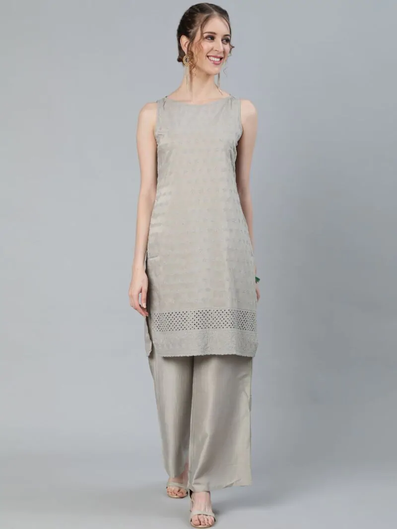 Grey Schiffli Design Straight Kurta Palazzo Set