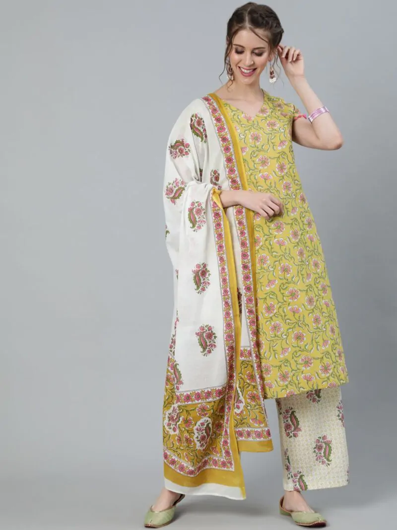 Yellow & Pink Floral Printed Straight Kurta Set With Dupatta