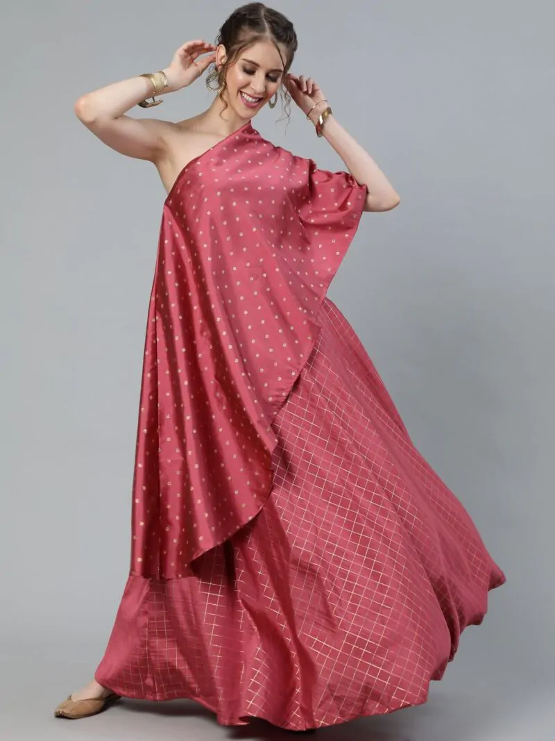 Dusty Pink Dobby Design One Shoulder Lehenga Choli Set