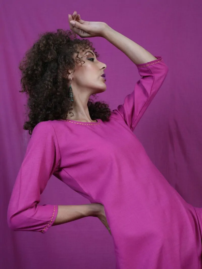 Magenta Yellow Thread Work Kurta With Palazzo Set