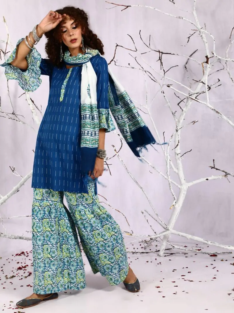 Blue & Green Floral Printed Kurta & Sharara With Dupatta Set