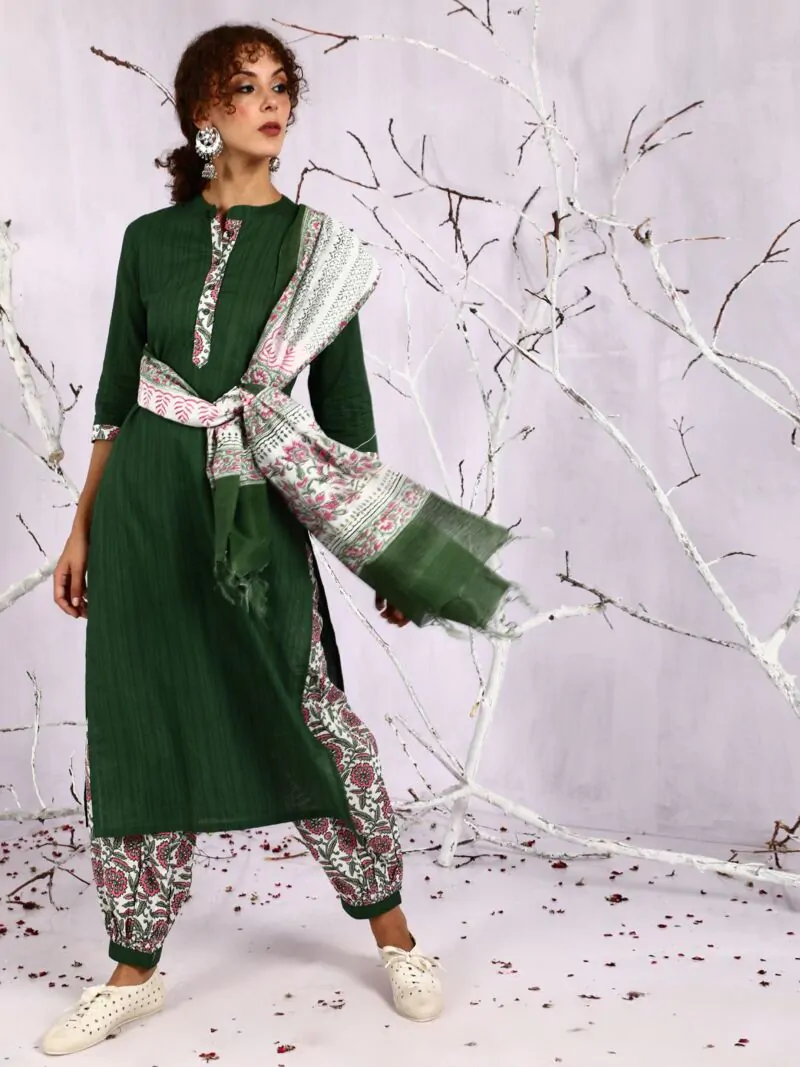 Green & Pink Floral Printed Kurta & Ballon Palazzo With Dupatta Set